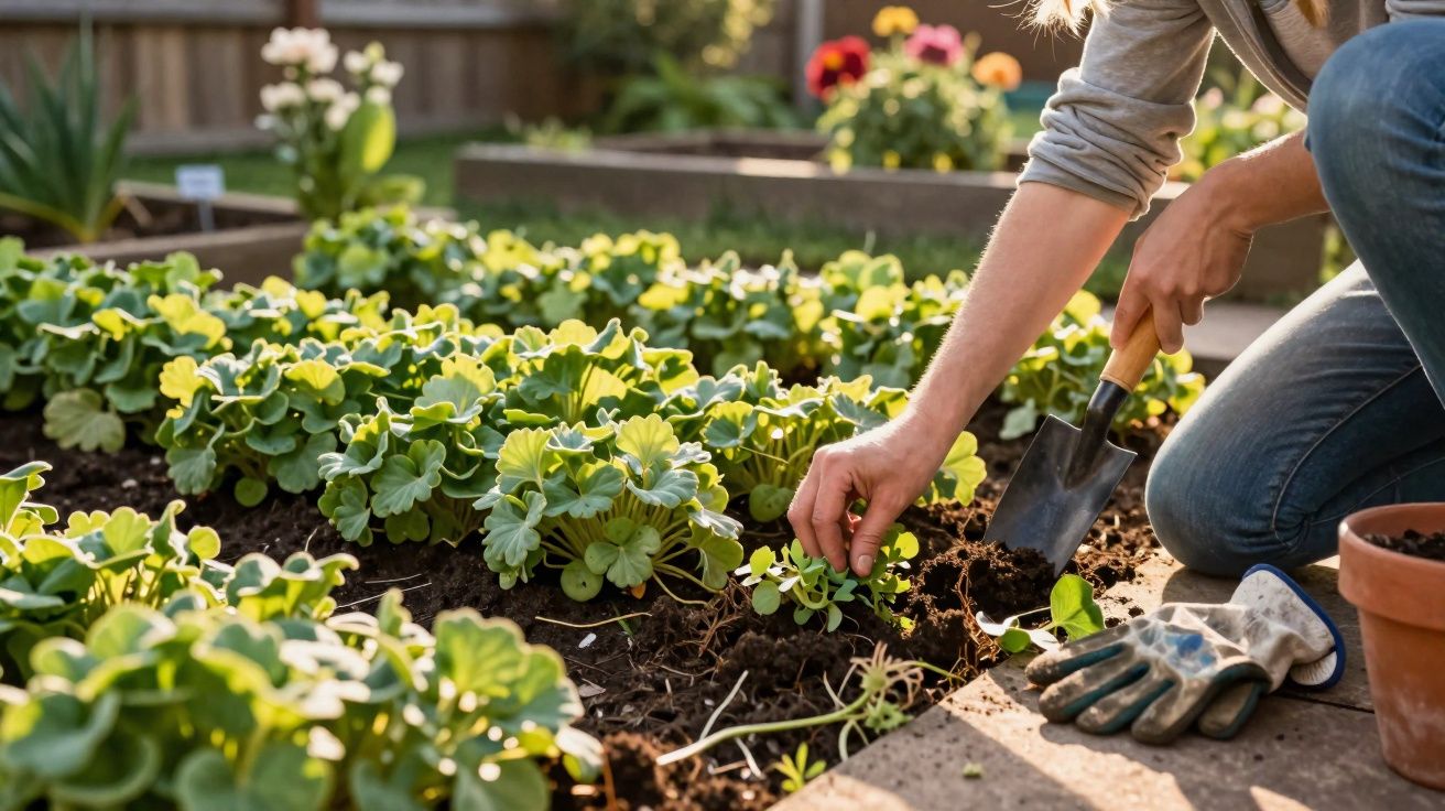 Pessoa a cultivar plantas num jardim, com uma mão a segurar uma pequena enxada e a outra a mexer a terra.