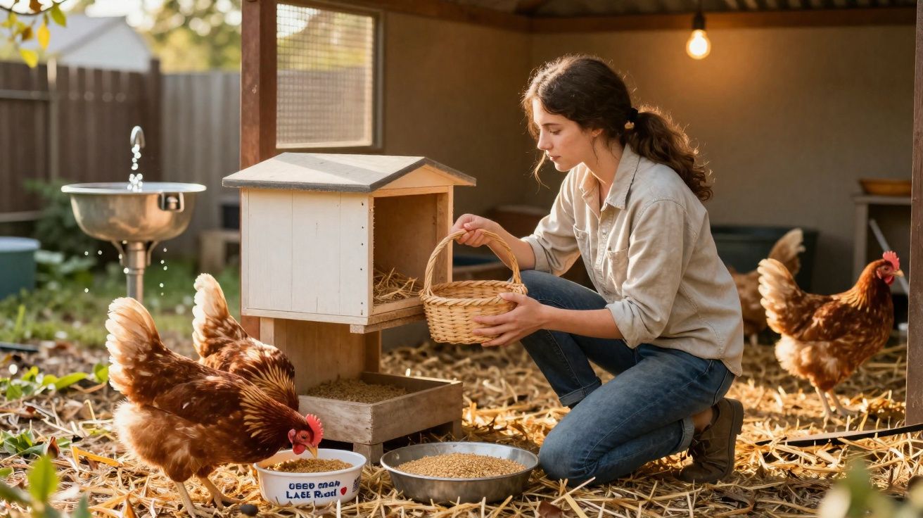 Mulher alimenta galinhas num galinheiro com cesto e comedouros ao amanhecer.