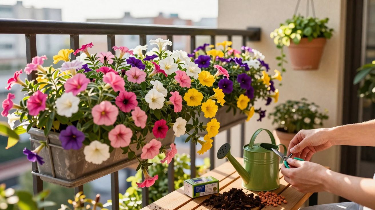 Varanda com vaso de flores coloridas e pessoa a cuidar delas com regador e tesoura de poda.