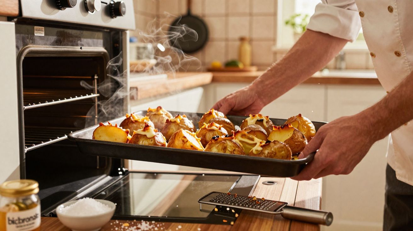 Pessoa a retirar tabuleiro com batatas assadas e queijo do forno numa cozinha.