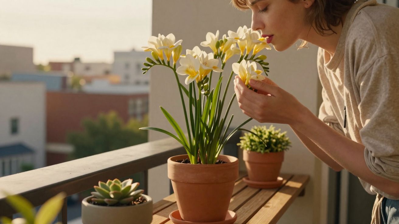 Mulher a cheirar flores brancas num vaso numa varanda com outras plantas em vasos.