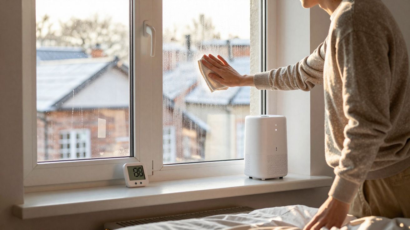 Pessoa a limpar janela molhada com pano, termómetro digital e purificador de ar na almofada da janela.