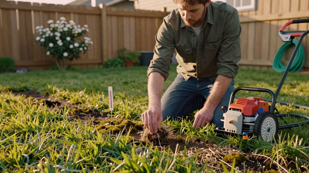 Homem a fazer medições no solo de um jardim com ferramentas de jardinagem ao lado.