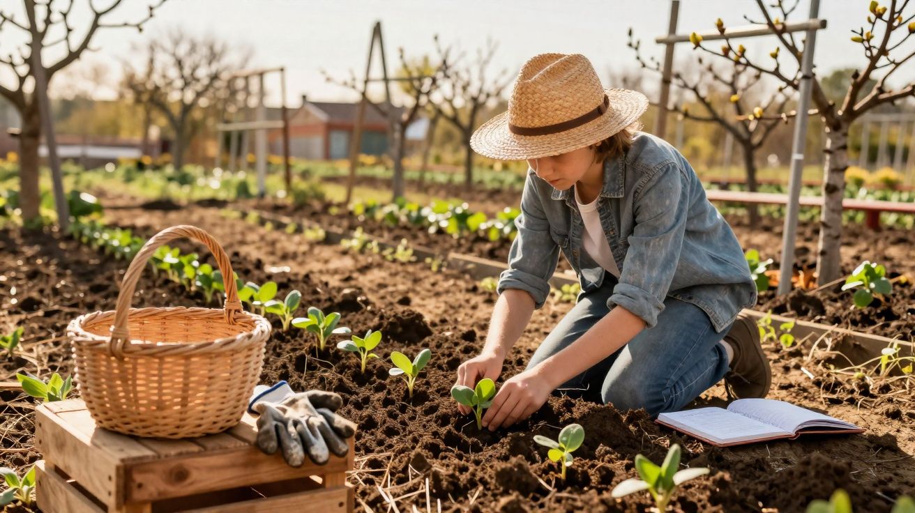 Criança com chapéu a plantar mudas numa horta, com cesta, luvas e caderno ao lado.