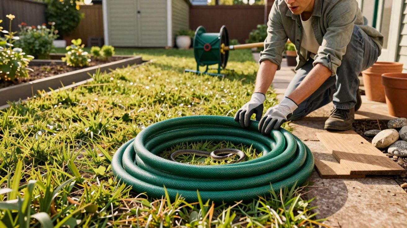 Pessoa a enrolar uma mangueira verde no jardim, com relva e plantas ao redor.