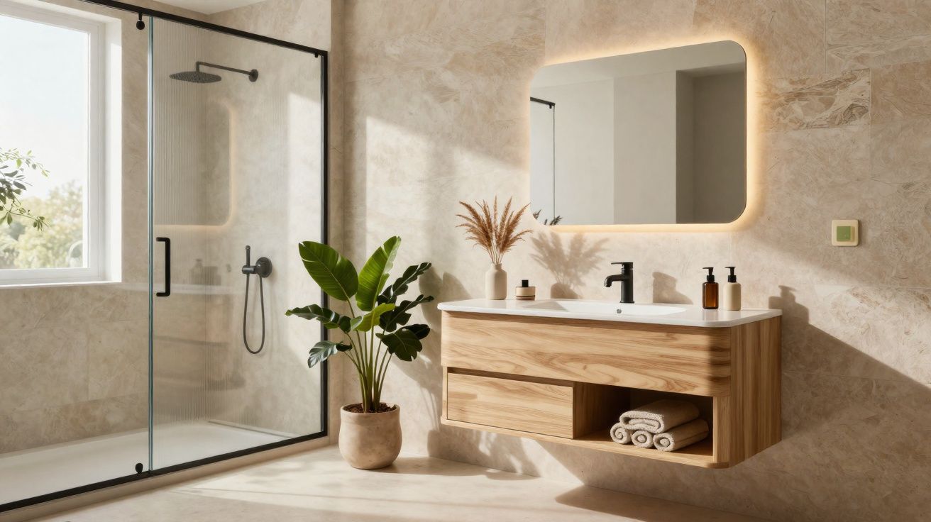 Casa de banho moderna com móvel de madeira, espelho iluminado, planta verde e cabine de duche com vidro negro.