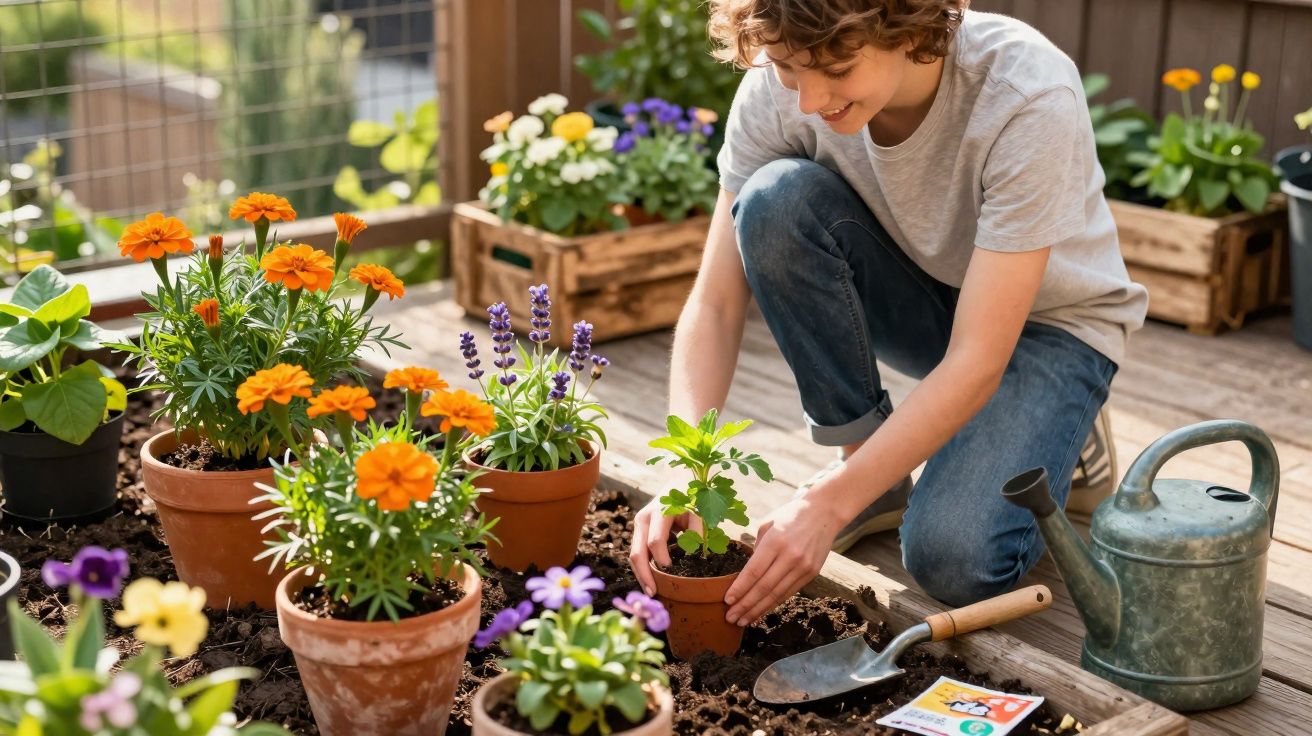 Criança a plantar flores em vaso num jardim com ferramentas e regador ao lado.