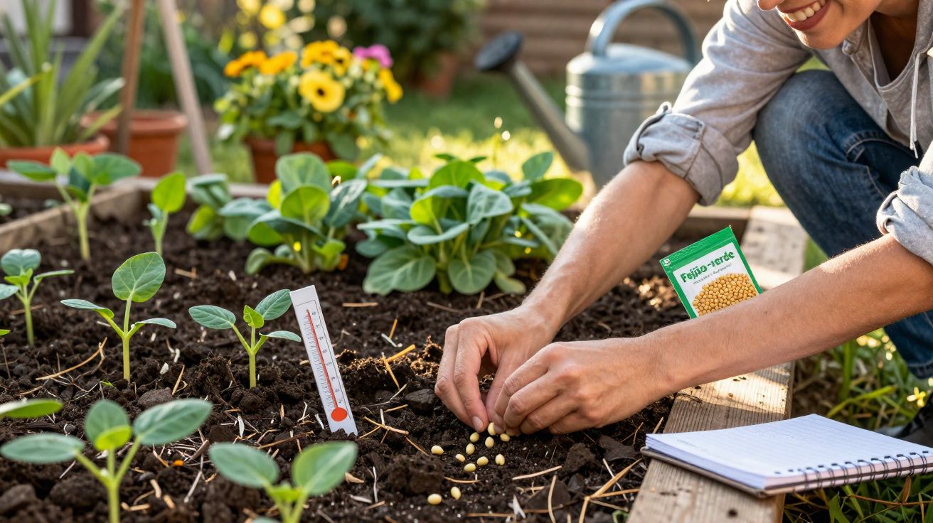 Pessoa a plantar sementes em canteiro de jardim com plantas e flores ao fundo.