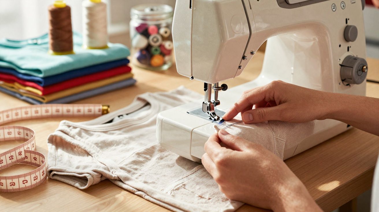 Máquina de costura a coser uma peça de roupa clara com tecidos e acessórios de costura ao lado.