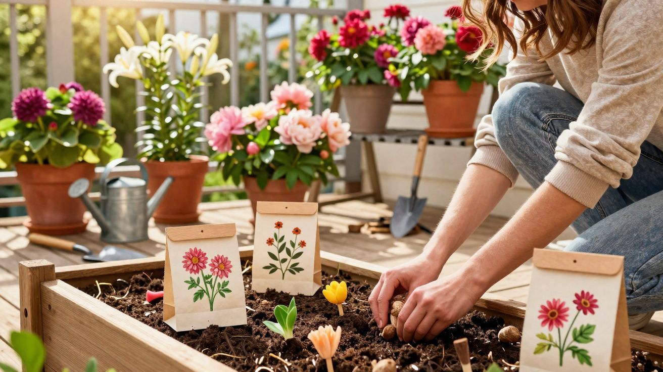 Pessoa a preparar sementes para plantar em canteiro com flores e vasos ao fundo numa varanda ensolarada.