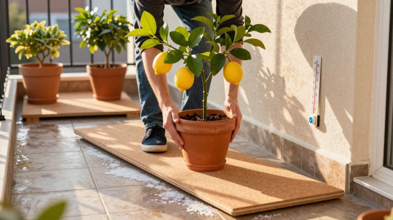 Pessoa a mover vaso com limoeiro num terraço ensolarado com outras plantas em vasos ao fundo.