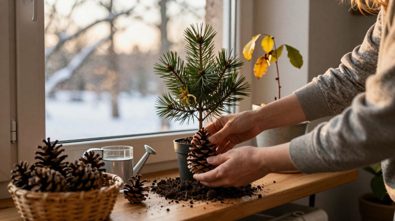 Mãos a decorar uma planta de pinheiro com um cone de pinheiro numa janela com vista para neve.