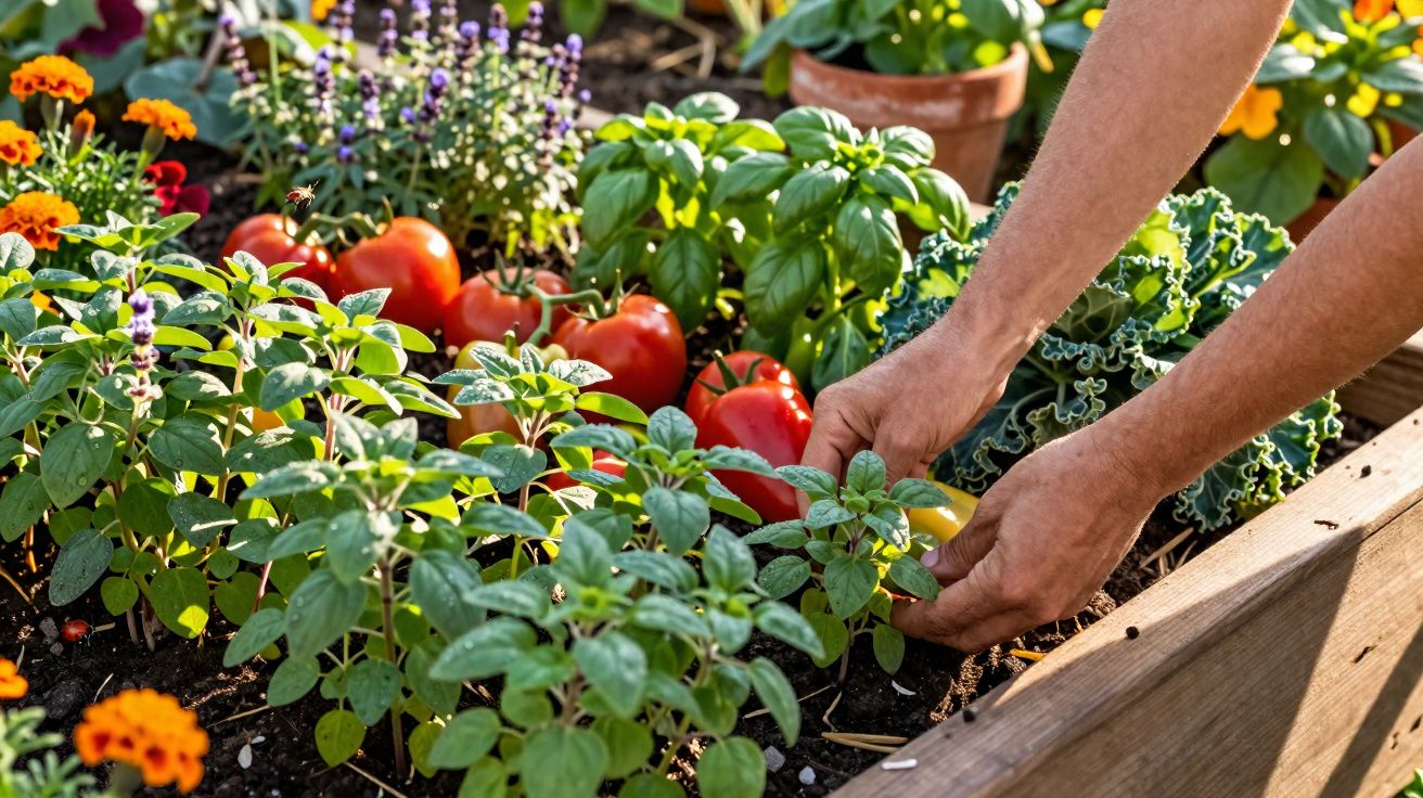 Mãos a colher tomate amarelo numa horta com várias plantas e tomates vermelhos maduros.
