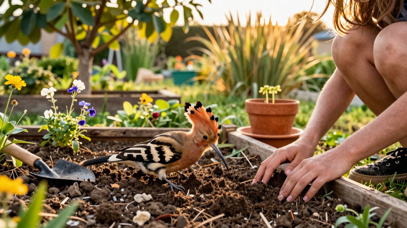 Pássaro com crista alaranjada no solo de uma horta, perto das mãos de uma pessoa a mexer na terra.