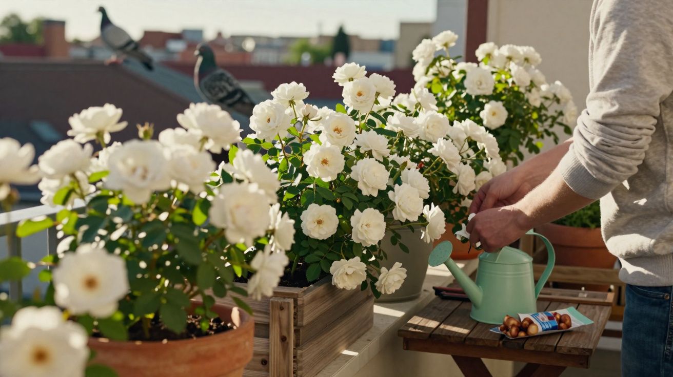Pessoa a cuidar de rosas brancas num varandas com regador verde e tubos de fertilizante.