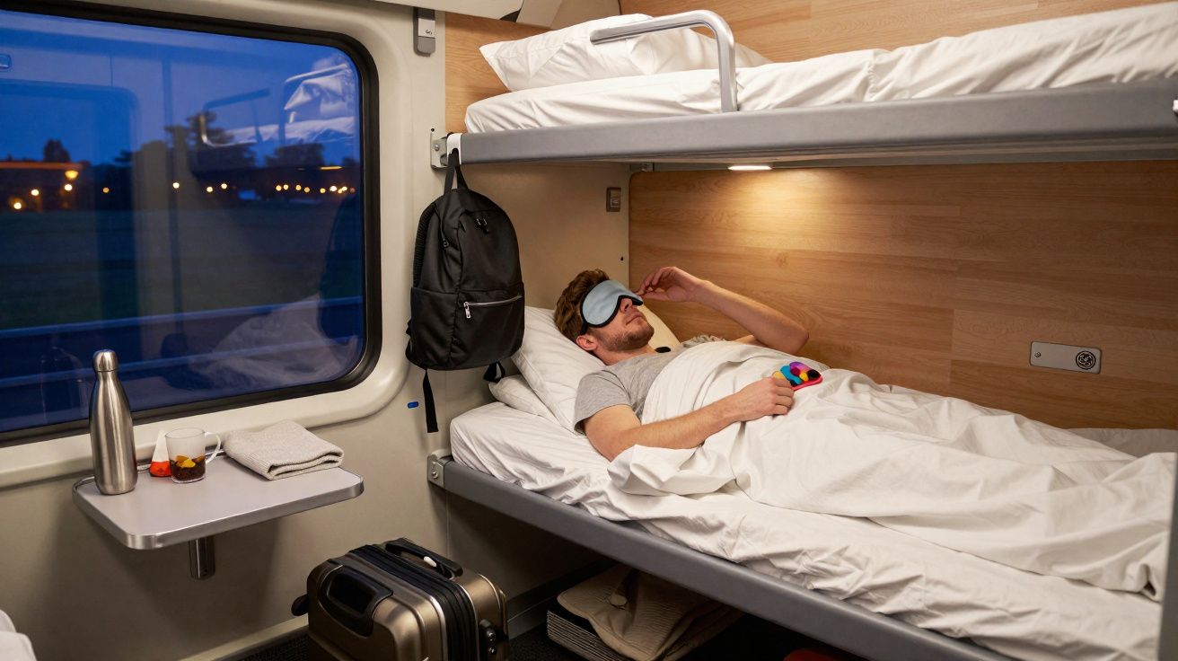 Homem de máscara de dormir deitado em cama inferior numa cabine de comboio à noite com janela e bagagem.