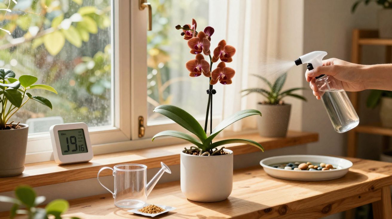 Mão a borrifar água numa orquídea num vaso branco numa mesa de madeira junto a uma janela iluminada.