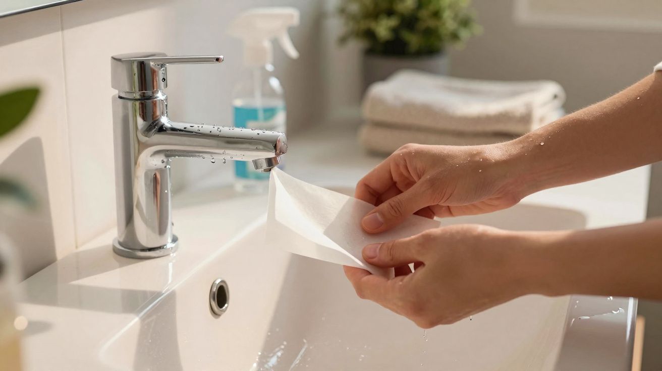 Mãos a molhar descontínuo de papel junto a torneira num lavatório branco com toalhas ao fundo.