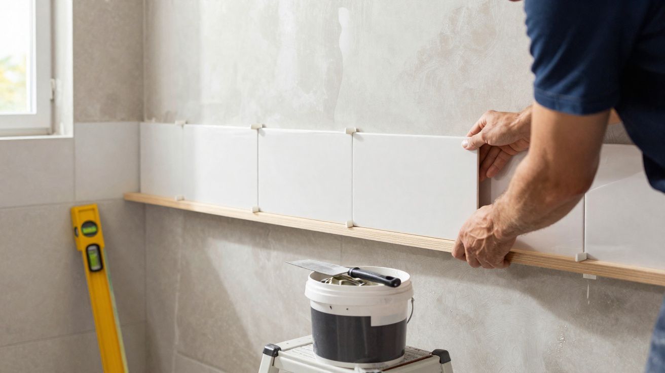 Pessoa a instalar azulejos brancos numa parede interior com ferramentas de bricolage à volta.