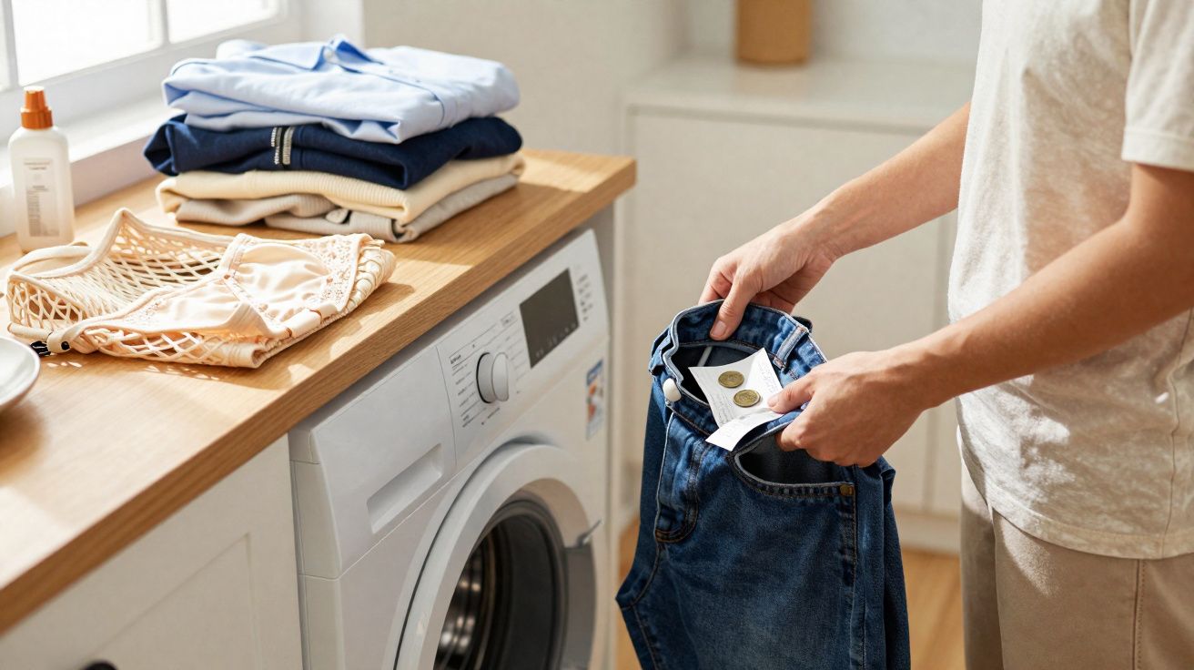 Pessoa a tirar moedas e papel do bolso de umas calças junto a máquina de lavar e roupa dobrada numa bancada.