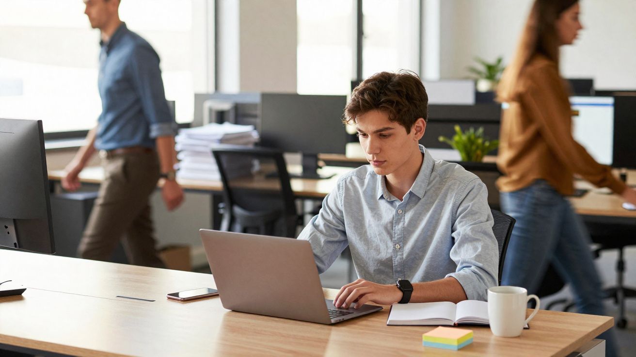 Jovem concentrado a trabalhar num computador portátil num escritório moderno com colegas ao fundo.