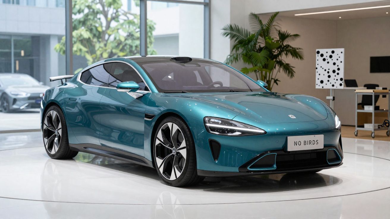 Carro desportivo azul metálico estacionado em exposição interior moderna com janelas e plantas.