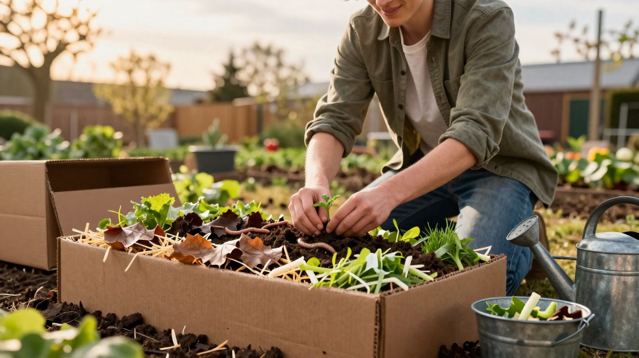 Pessoa a plantar mudas numa caixa de cartão num jardim ao pôr do sol.