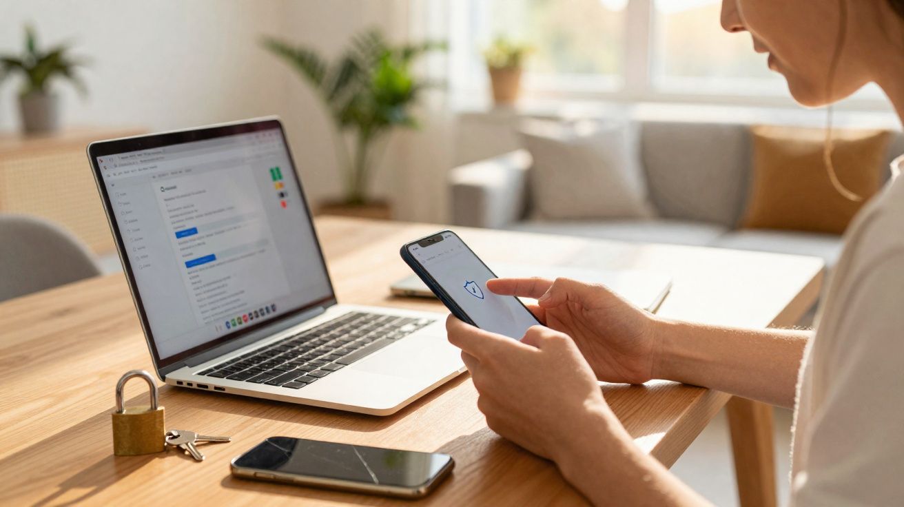 Pessoa a usar smartphone com símbolo de segurança, ao lado de portátil aberto numa mesa de madeira.