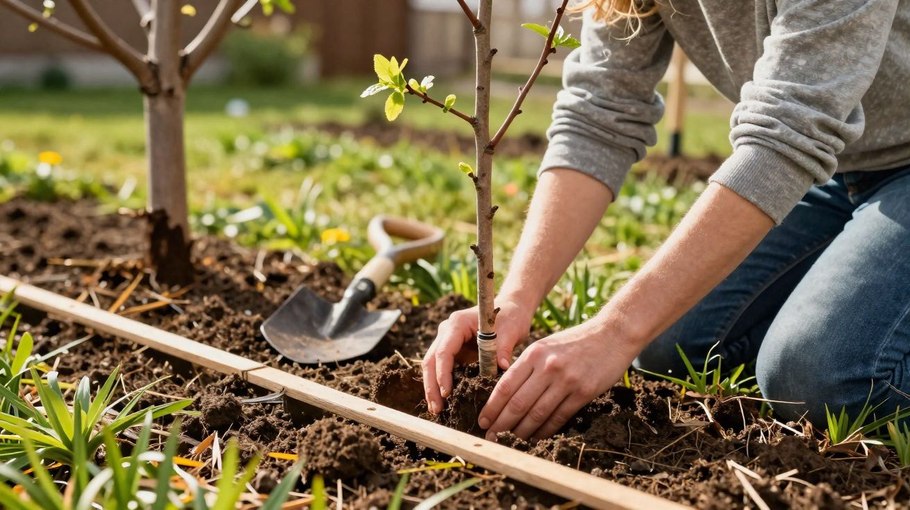 Pessoa a plantar uma muda de árvore num jardim com terra fresca e ferramentas de jardinagem.