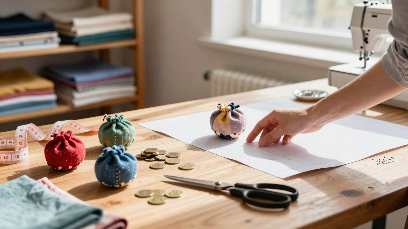 Mesa de trabalho com tecido, tesoura, moedas, alfineteiros coloridos e mão a desenhar molde em papel.