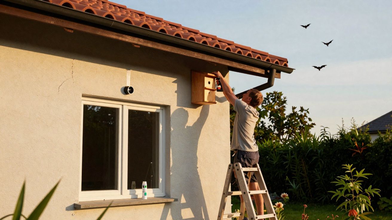 Homem numa escada a instalar uma caixa-ninho numa parede exterior de uma casa durante o pôr do sol.