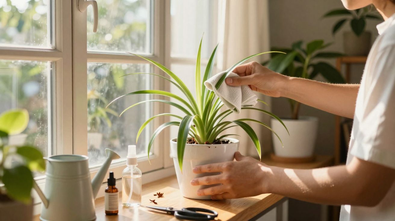 Pessoa a limpar as folhas de uma planta num vaso branco junto a uma janela iluminada.