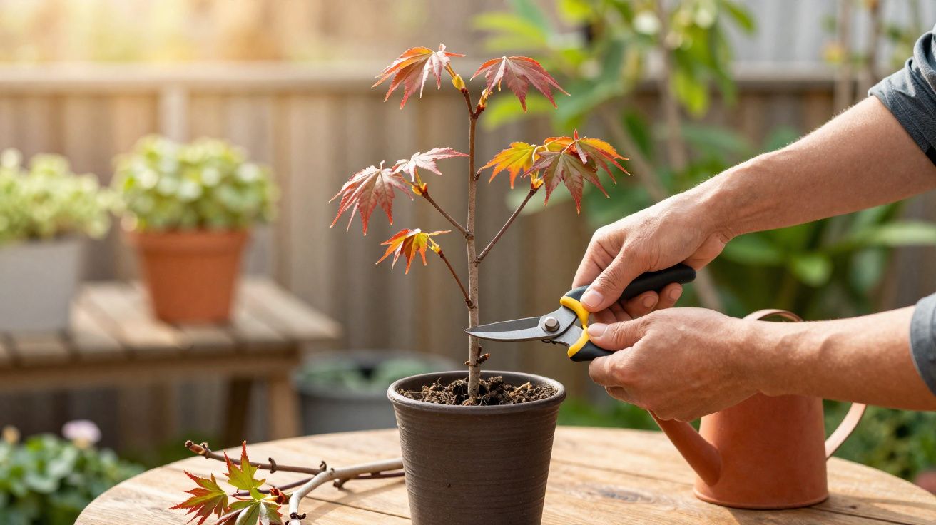 Pessoa a podar planta jovem com tesoura de jardinagem num vaso preto numa mesa de madeira no exterior.