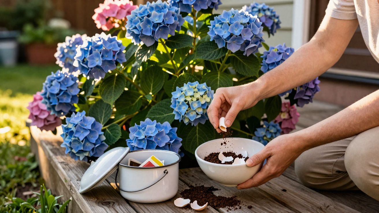 Pessoa a preparar composto com cascas de ovos perto de hortênsias azuis num jardim ensolarado.