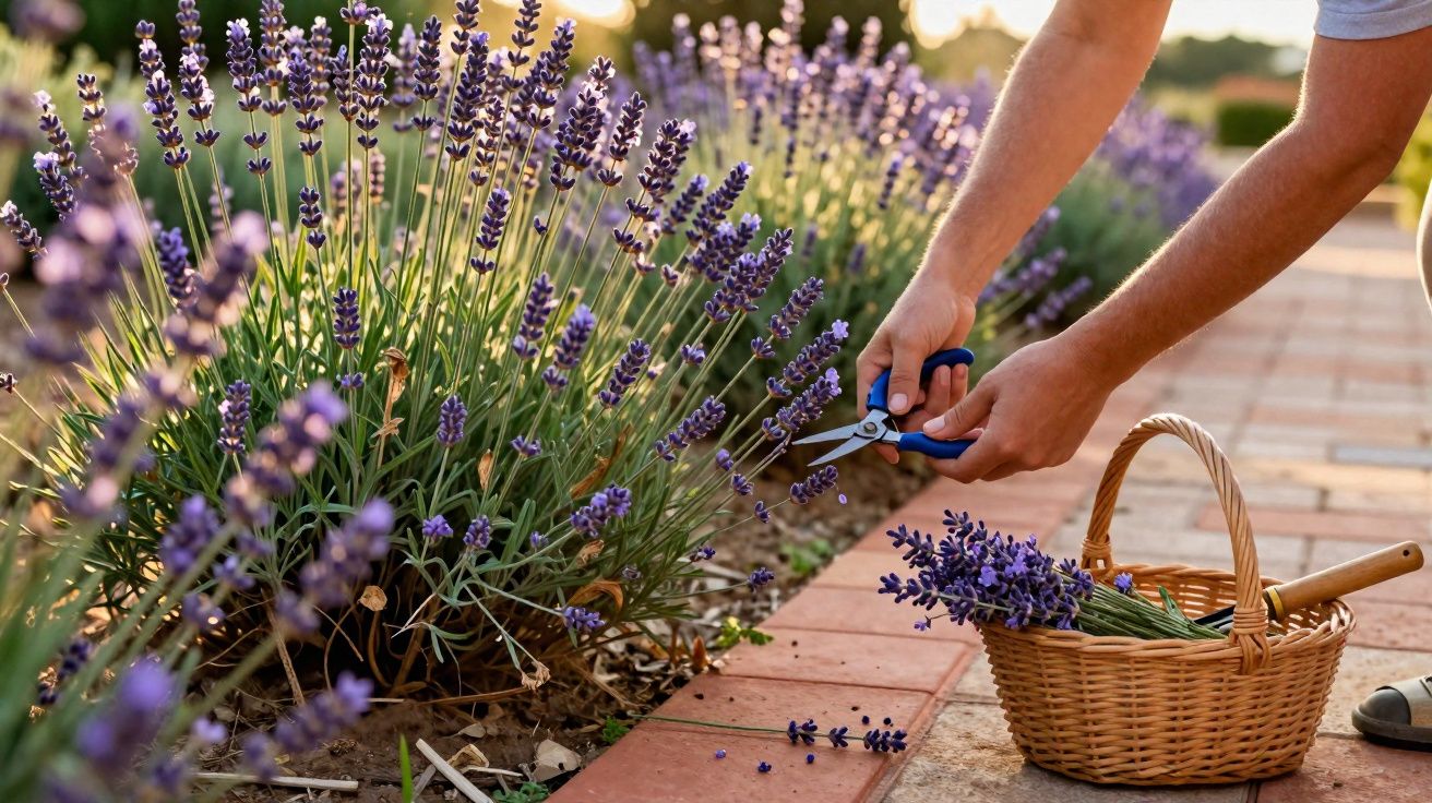 Pessoa a cortar flores de lavanda com tesoura, junto a cesta de vime numa área exterior.