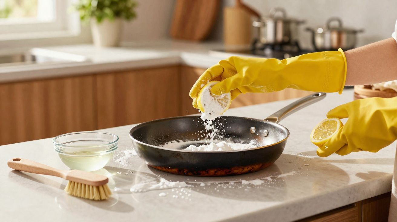 Mãos com luvas amarelas a esfregar uma frigideira com limão e bicarbonato numa cozinha moderna.