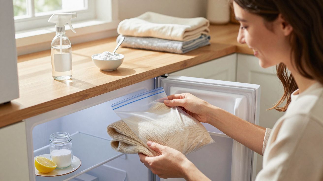 Mulher a guardar uma peça de roupa numa bolsa plástica dentro de um frigorífico na cozinha.