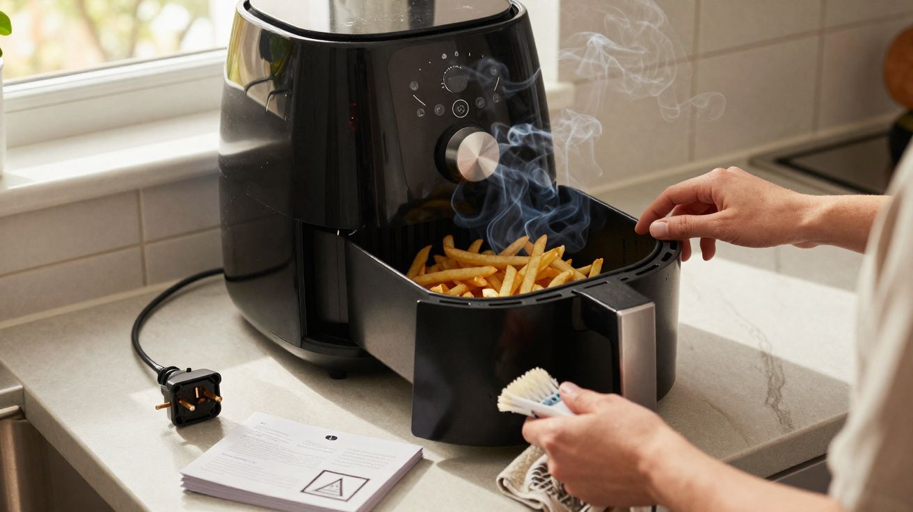 Pessoa a retirar batatas fritas fumegantes de uma fritadeira elétrica preta numa bancada de cozinha.