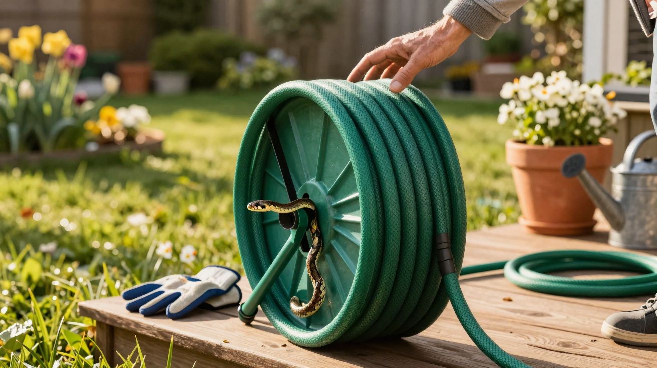 Mão toca mangueira de jardim verde enrolada onde uma cobra está presa no centro num jardim com flores.
