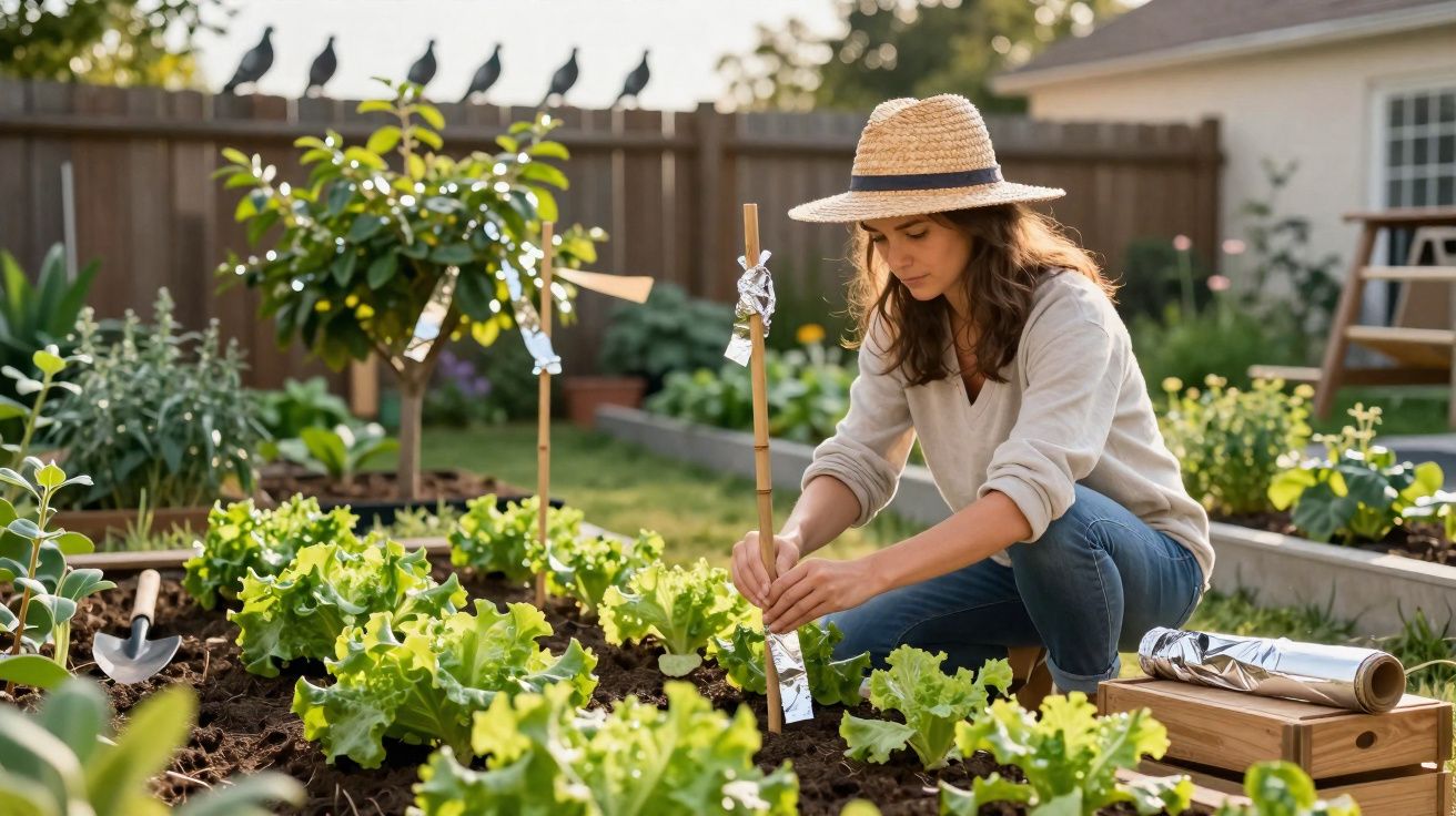 Mulher com chapéu de palha a cuidar de plantas verdes numa horta caseira ao ar livre.
