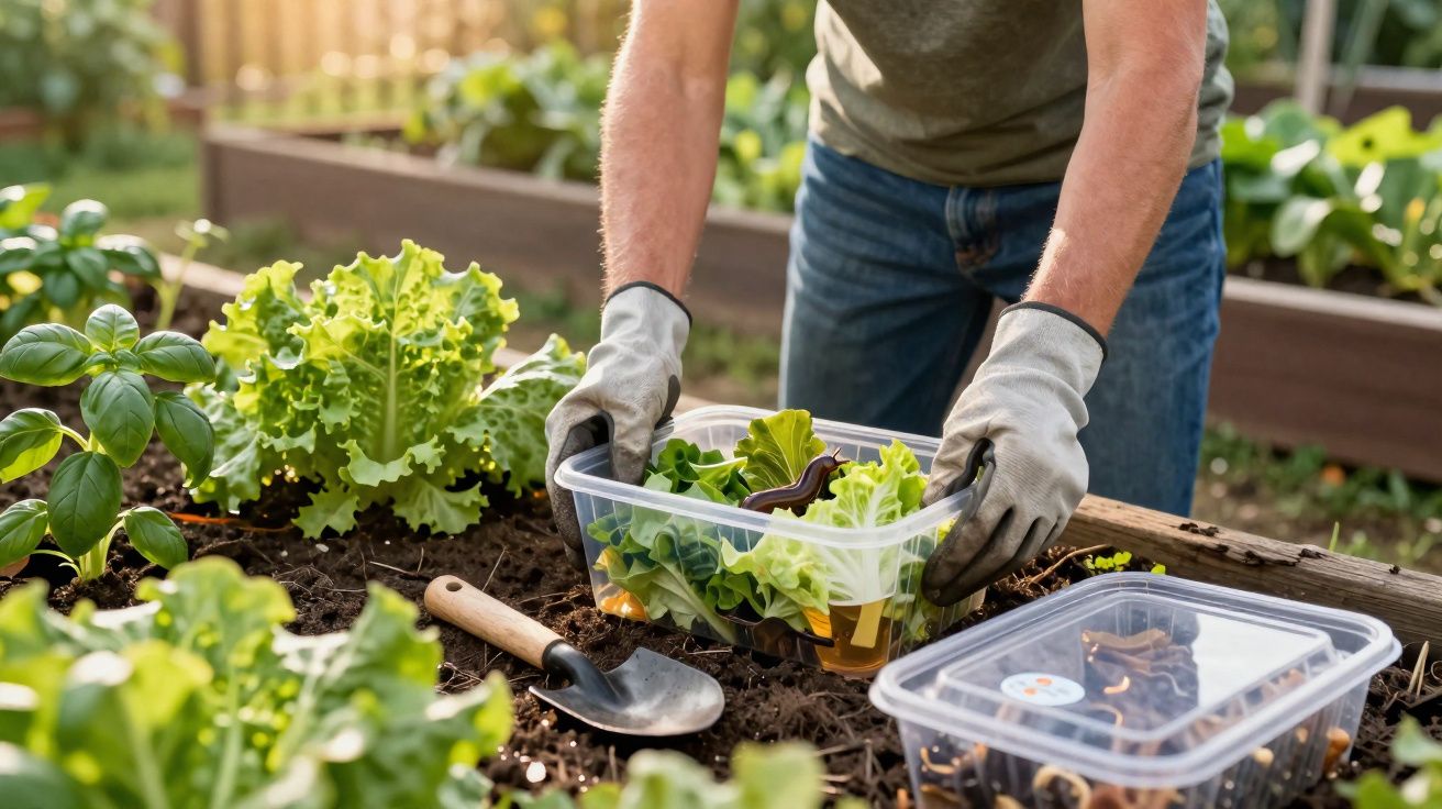 Pessoa a colher alfaces numa horta com luvas, colocando as folhas numa caixa de plástico transparente.