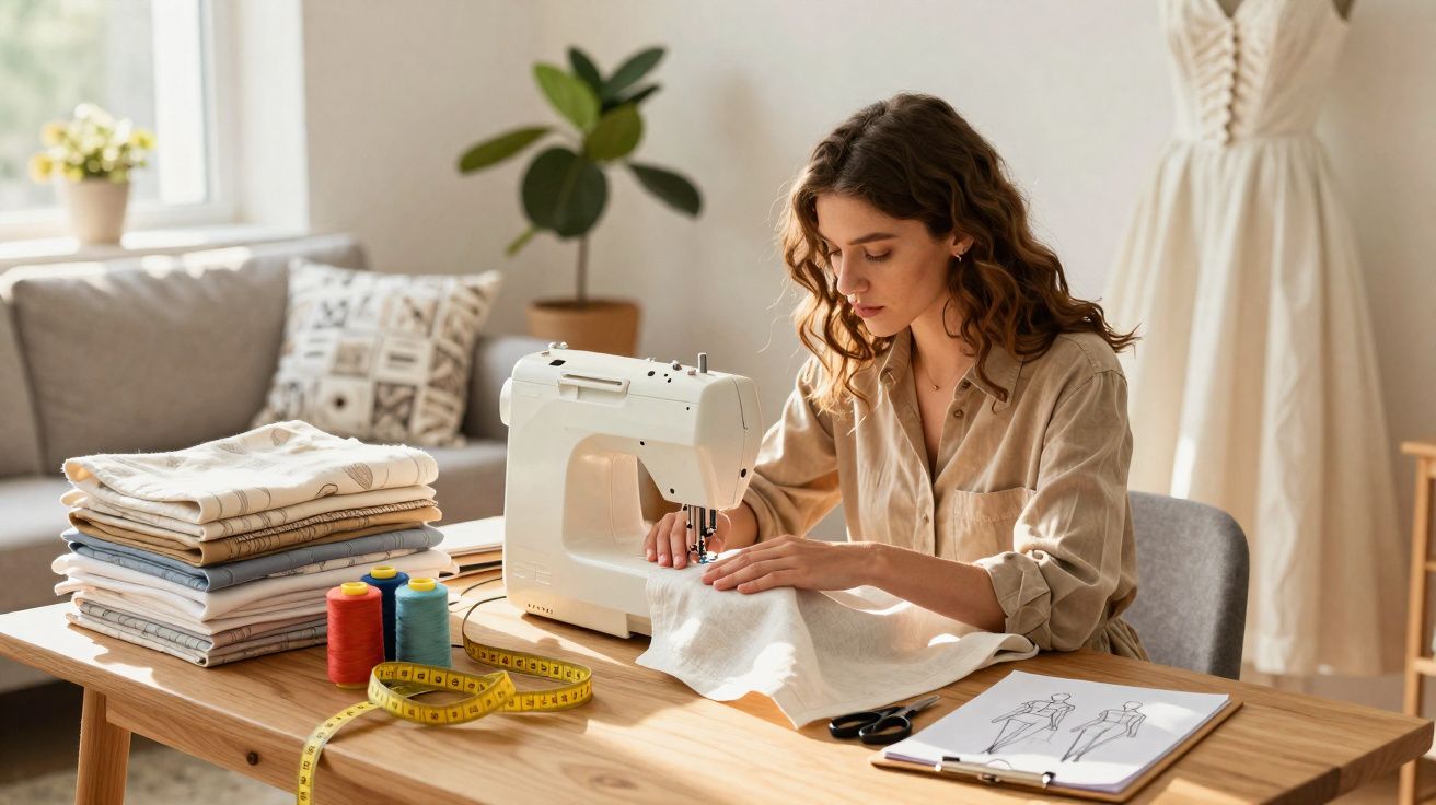 Mulher a costurar tecido branco numa máquina de costura numa sala clara com materiais de costura à volta.