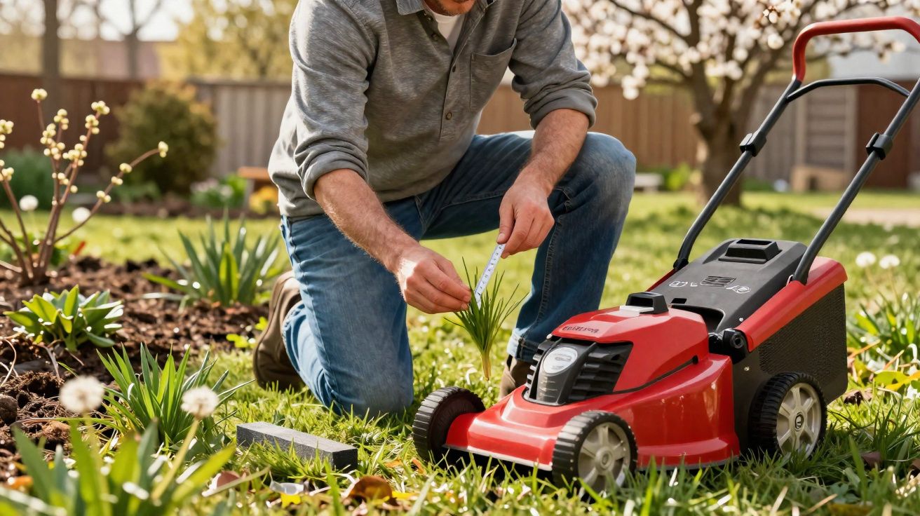 Homem a medir planta no jardim junto de corta-relva vermelho em dia ensolarado.