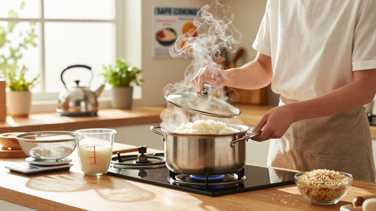 Pessoa a levantar tampa de panela com arroz quente a cozinhar num fogão de gás numa cozinha iluminada.