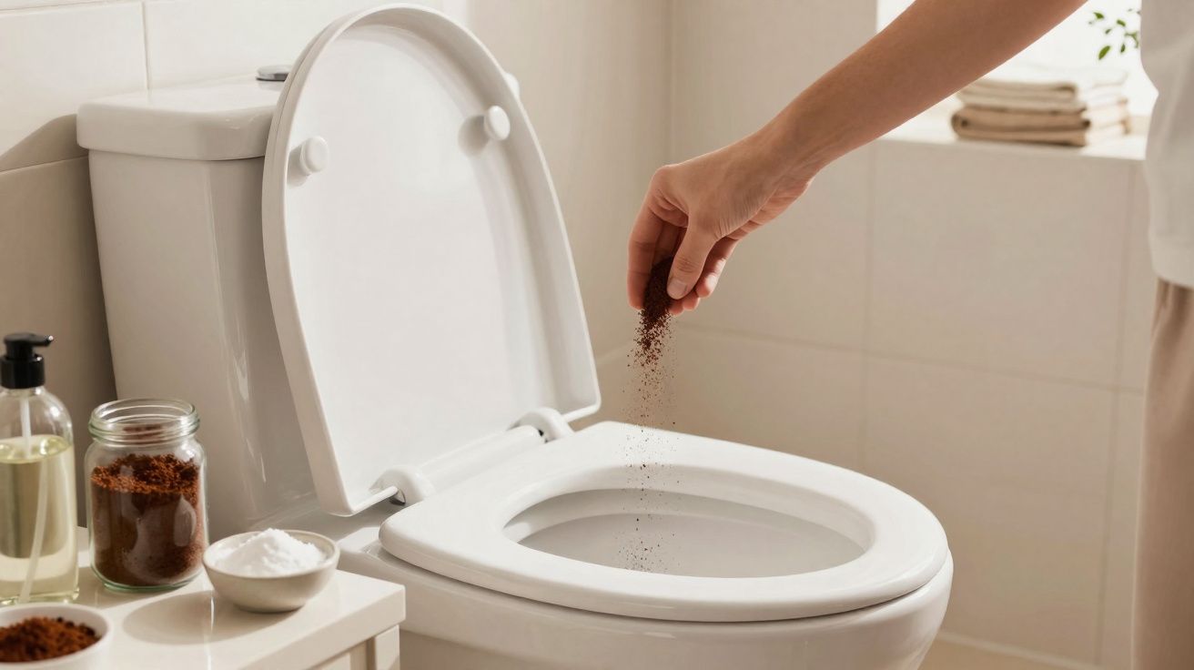 Mão a deitar café moído no interior da sanita branca numa casa de banho iluminada.