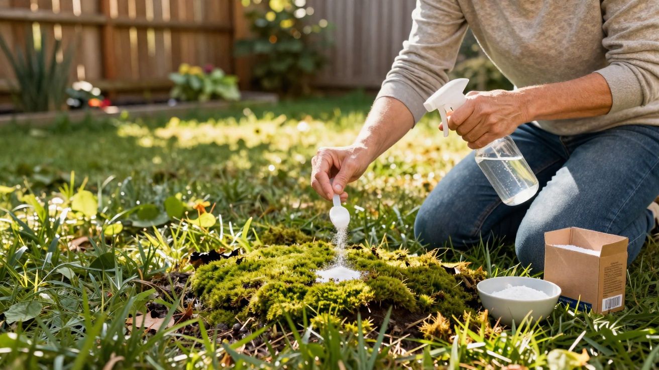 Pessoa a aplicar sal para eliminar musgo verde num relvado com pulverizador e colher.