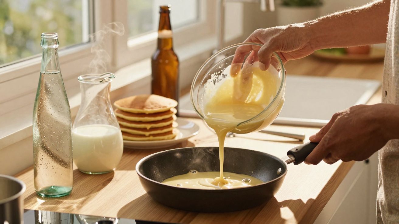 Pessoa a verter massa de panquecas numa frigideira com pilha de panquecas ao fundo na cozinha.