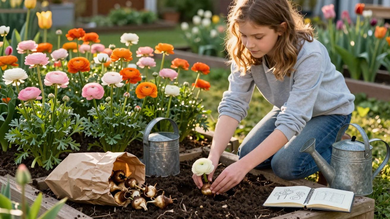 Menina a plantar uma flor branca no jardim, rodeada de flores coloridas e ferramentas de jardinagem.