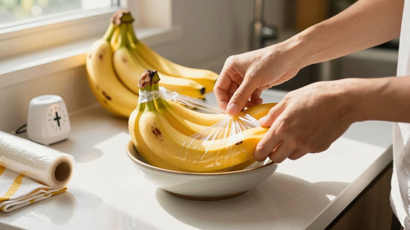 Mãos a envolver um cacho de bananas com película aderente numa cozinha iluminada pela luz natural.
