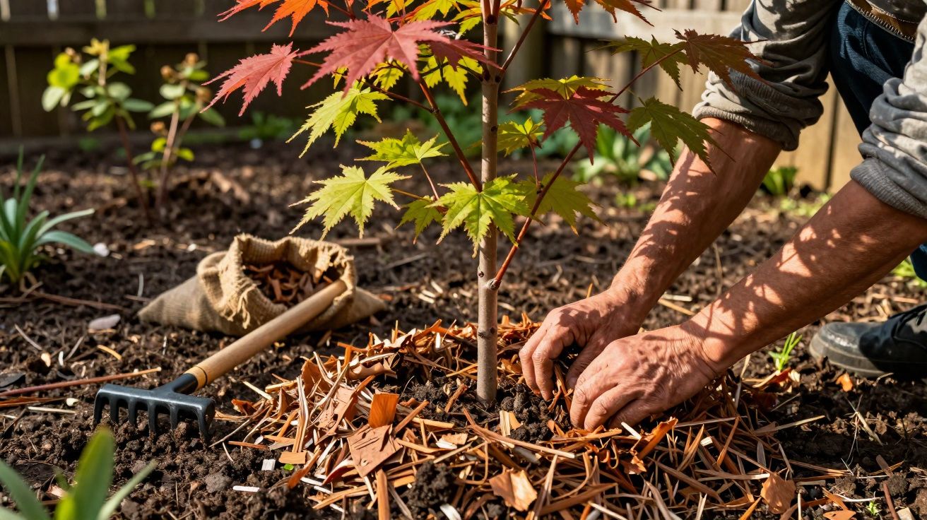 Mãos a cuidar do solo junto a uma árvore jovem com folhas coloridas num jardim soalheiro.